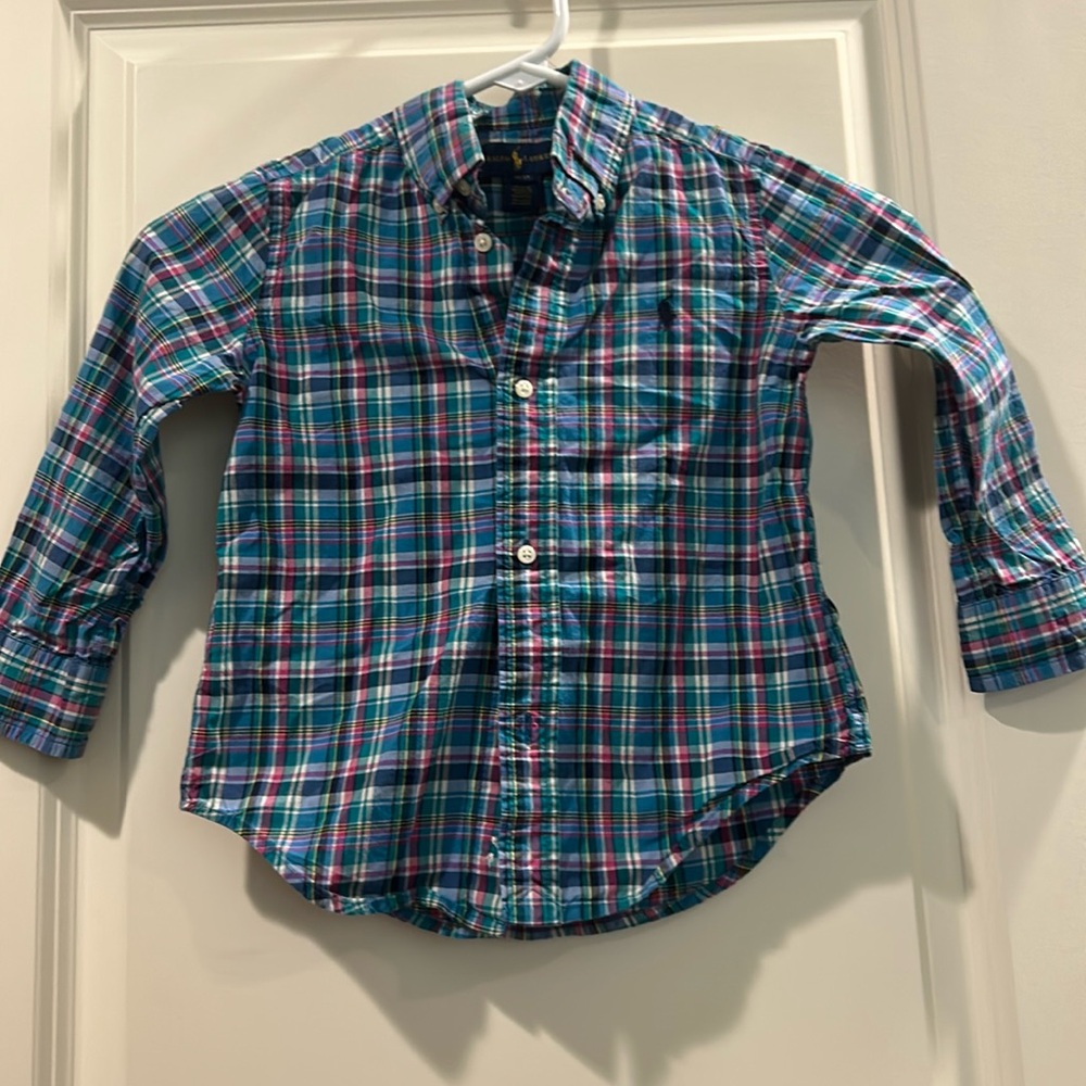 Like New!Ralph Lauren plaid button down collar point button long sleeve size3/3T